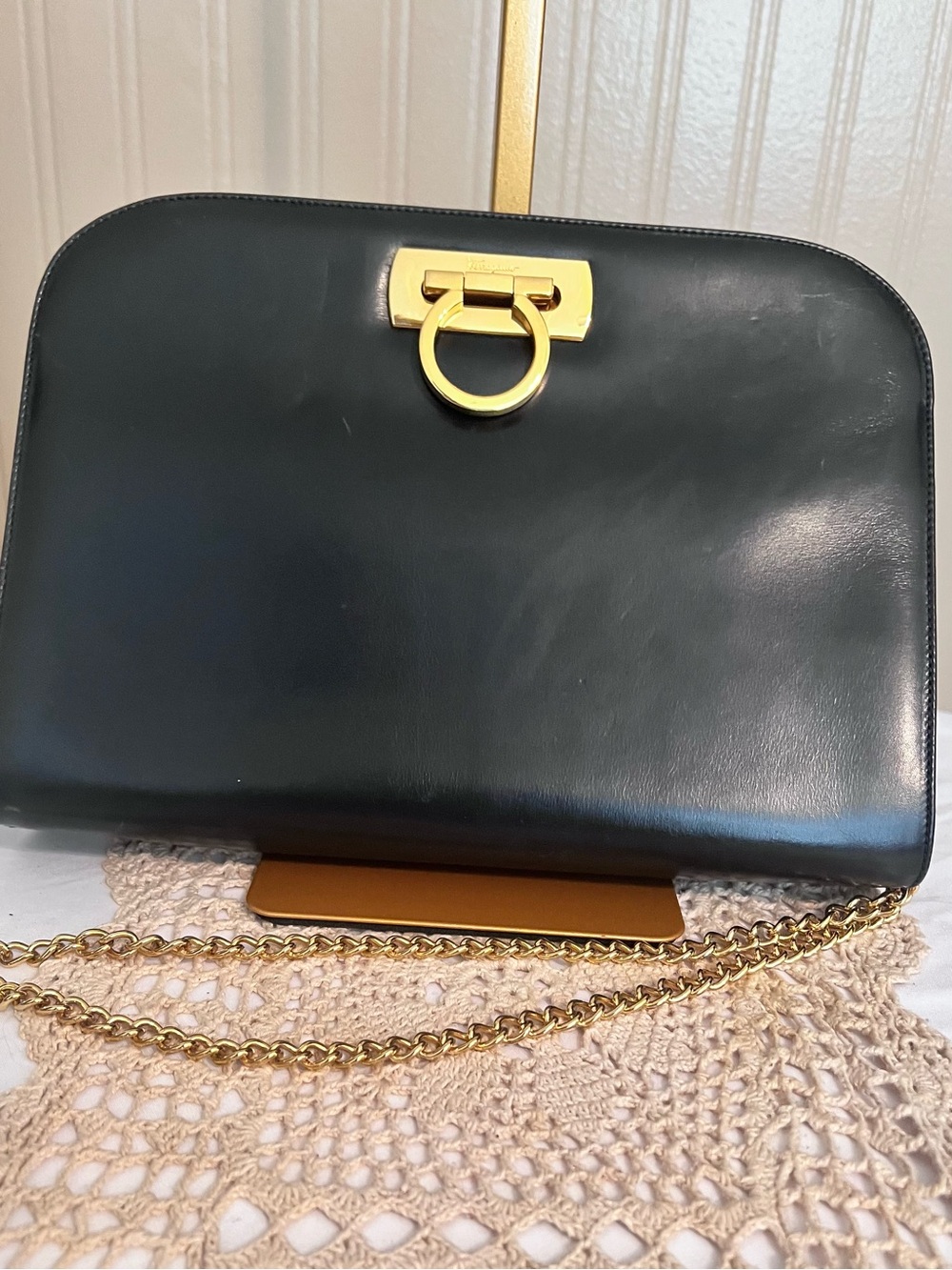 Salvatore Ferragamo Black Leather Crossbody with Gold Hardware
